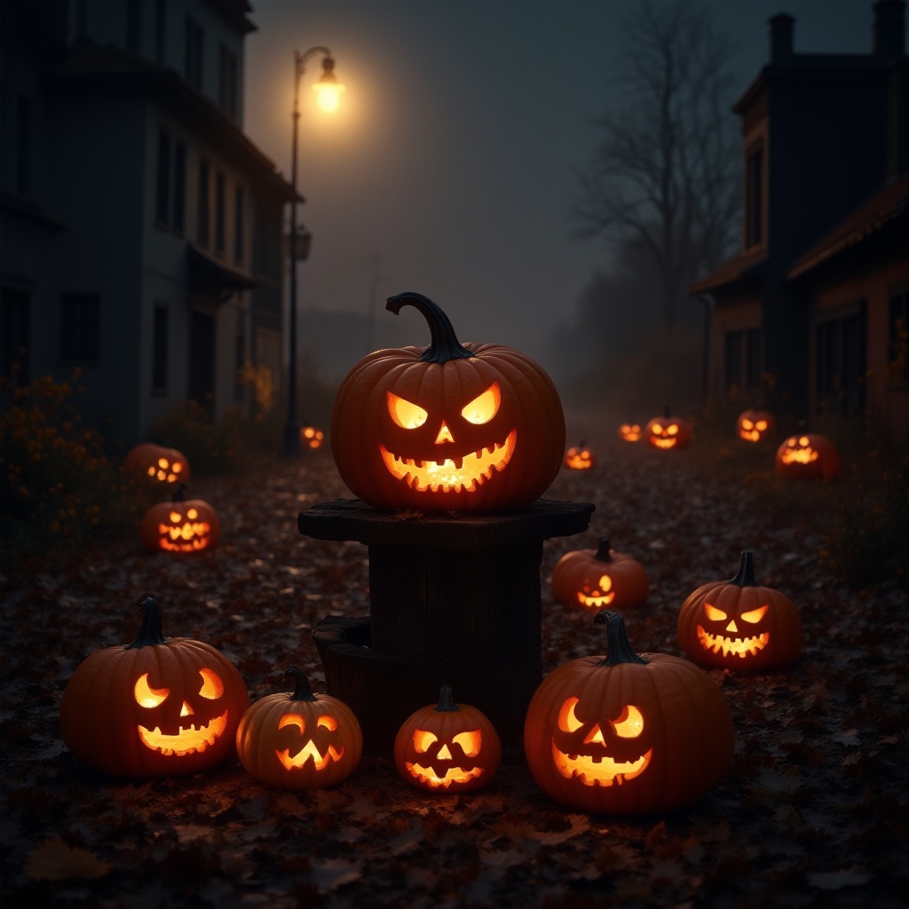 Spooky street with glowing jack-o'-lanterns Spooky street with glowing jack-o'-lanterns