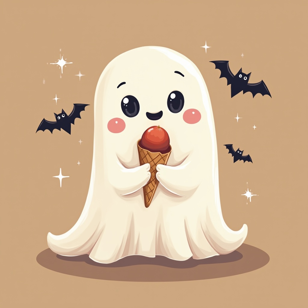 Cute ghost with ice cream cone and playful bats Cute ghost with ice cream cone and playful bats