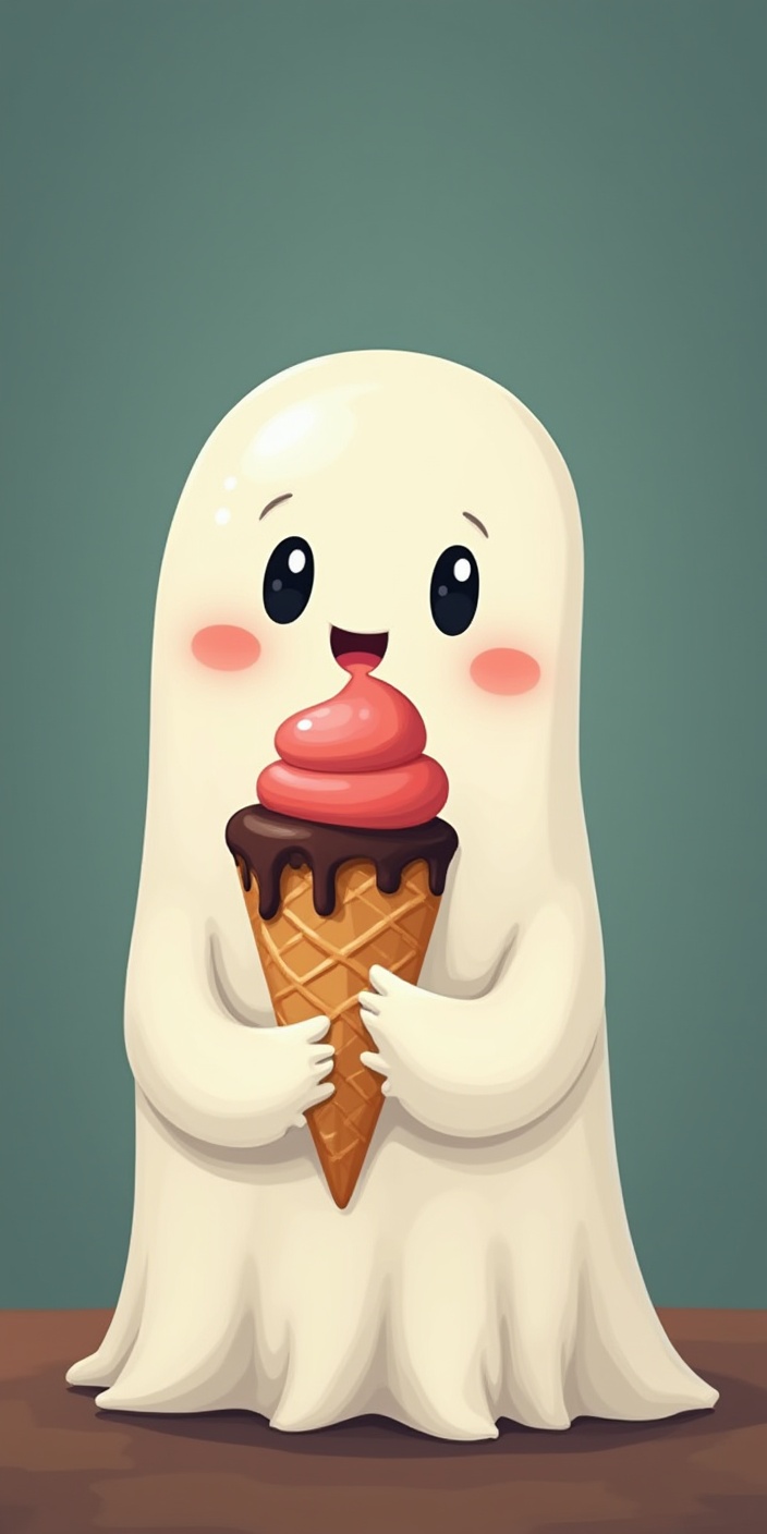 Cute ghost holding ice cream cone with a happy expression Cute ghost holding ice cream cone with a happy expression