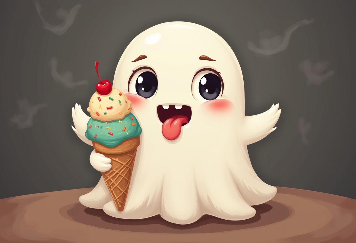 Cute ghost holding an ice cream cone with a smile Cute ghost holding an ice cream cone with a smile