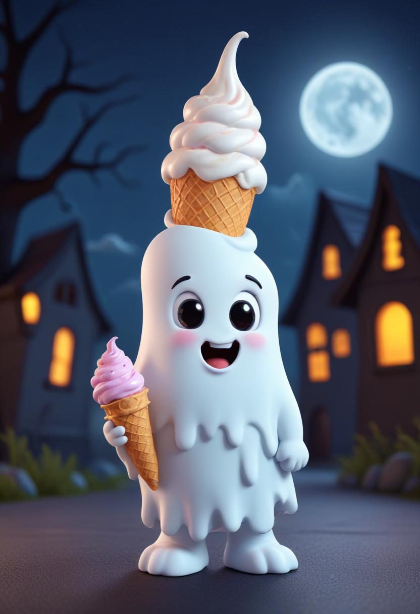 Cute ghost character enjoys ice cream on a spooky night Cute ghost character enjoys ice cream on a spooky night
