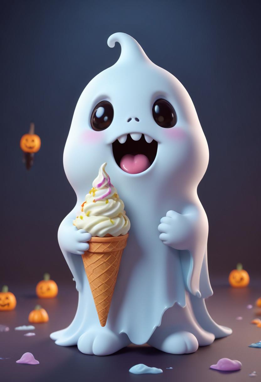 Cute ghost character enjoying ice cream in a festive setting Cute ghost character enjoying ice cream in a festive setting