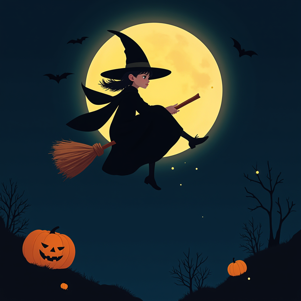 Flying witch on broomstick under full moon Flying witch on broomstick under full moon