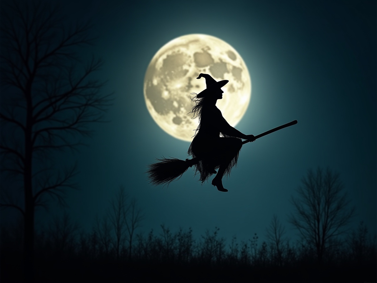 Silhouette of a witch flying under a full moon Silhouette of a witch flying under a full moon