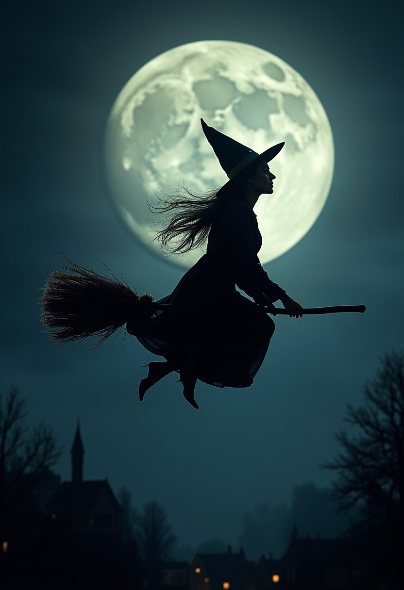Witch flying over a town under a full moon Witch flying over a town under a full moon