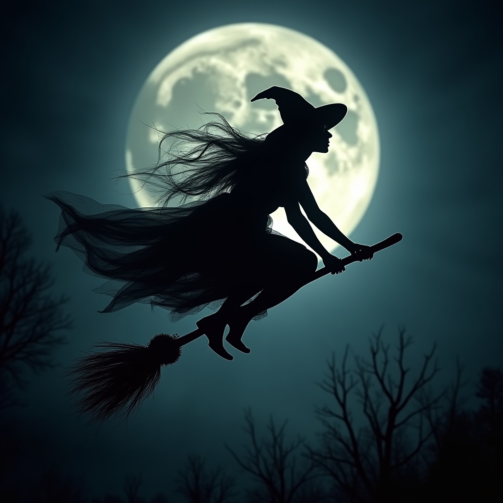 Witch flying on a broomstick against a full moon backdrop Witch flying on a broomstick against a full moon backdrop