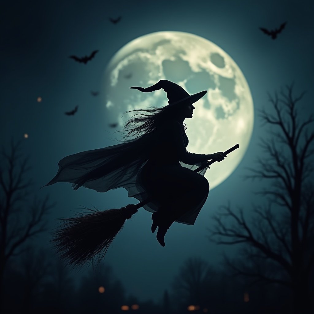 Witch flying on broomstick under full moon at night Witch flying on broomstick under full moon at night