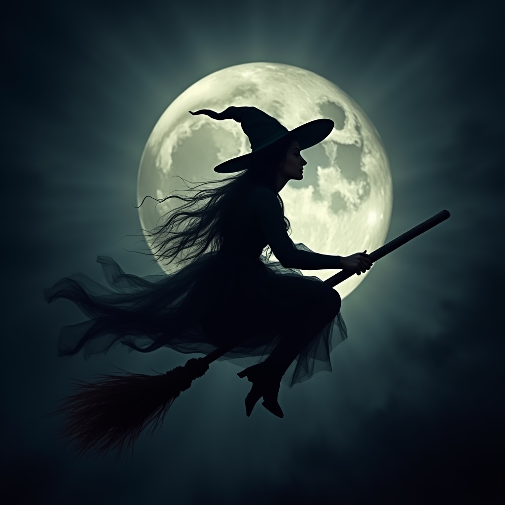Witch flying on a broomstick under a full moon Witch flying on a broomstick under a full moon