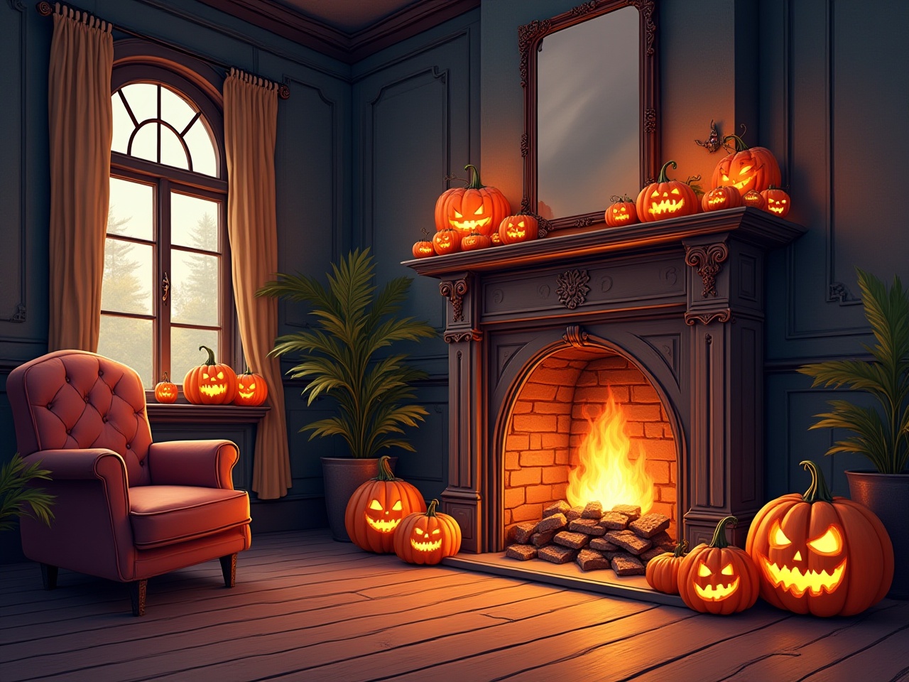 Warm and cozy halloween scene with lit pumpkins Warm and cozy halloween scene with lit pumpkins