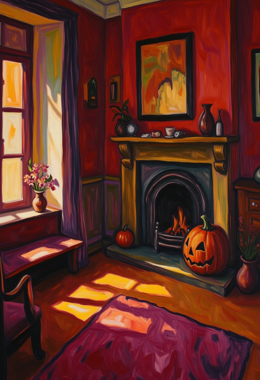 Cozy autumn room with a fireplace and pumpkin Cozy autumn room with a fireplace and pumpkin