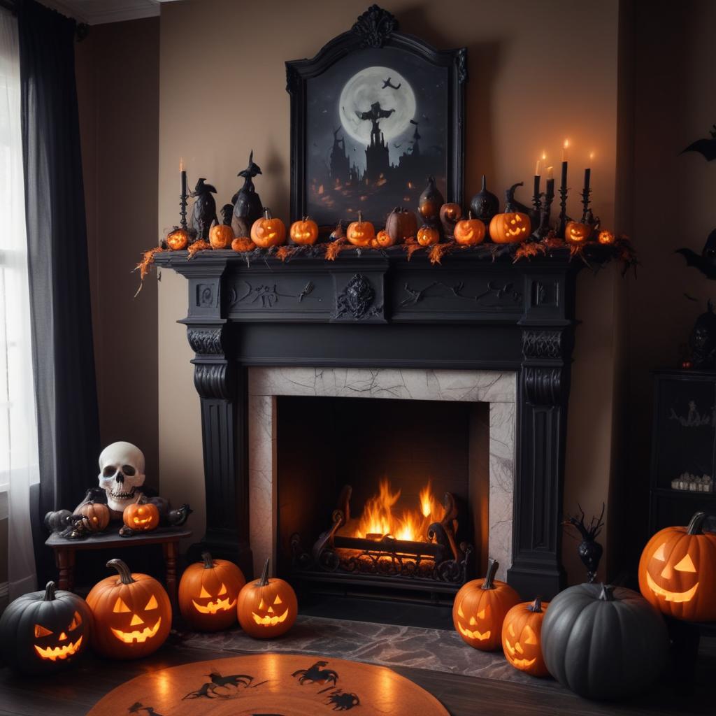 Spooky halloween fireplace decor with carved pumpkins Spooky halloween fireplace decor with carved pumpkins