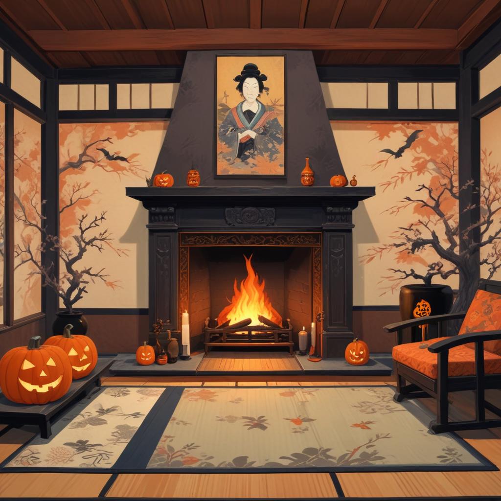 Cozy halloween scene with pumpkins and fireplace decor Cozy halloween scene with pumpkins and fireplace decor