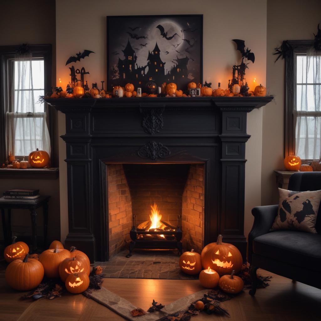 Cozy halloween scene with glowing pumpkins and fireplace Cozy halloween scene with glowing pumpkins and fireplace