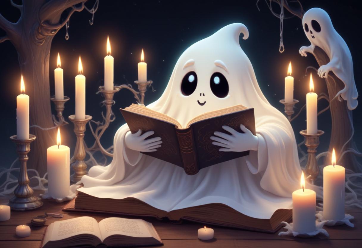 Friendly ghost reading a book among candles at night Friendly ghost reading a book among candles at night