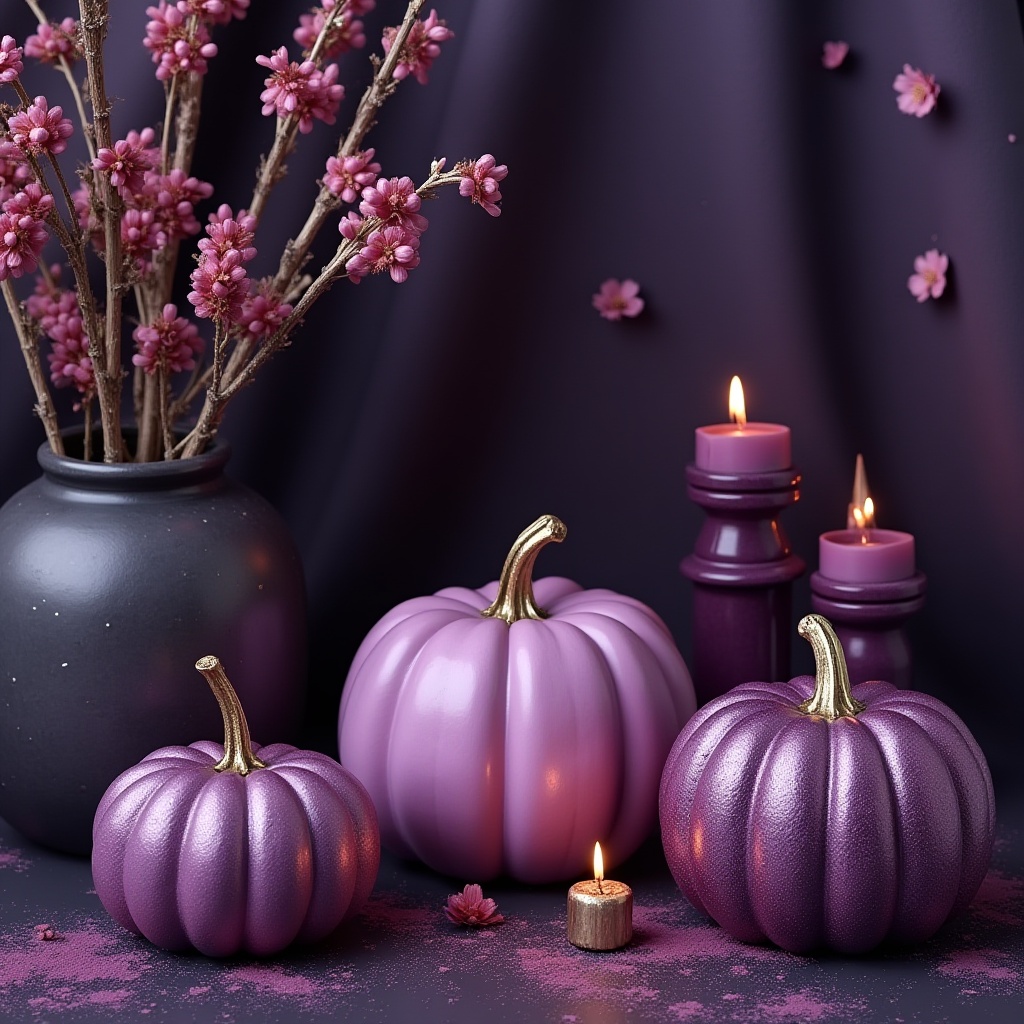 Purple pumpkins and candles create a cozy autumn scene Purple pumpkins and candles create a cozy autumn scene