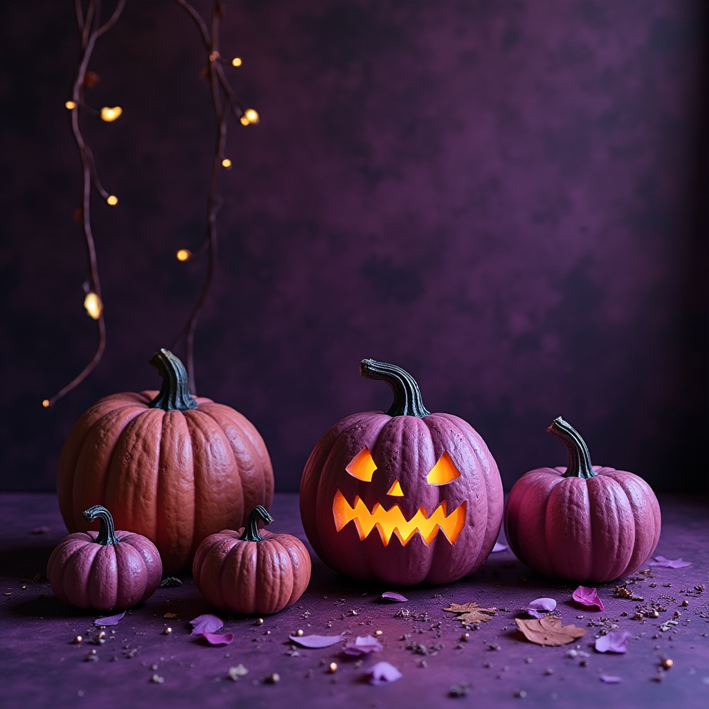 Halloween pumpkins with spooky faces glowing at night Halloween pumpkins with spooky faces glowing at night