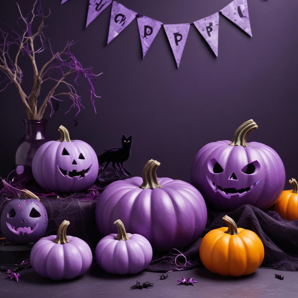 Halloween decorations with purple and orange pumpkins Halloween decorations with purple and orange pumpkins