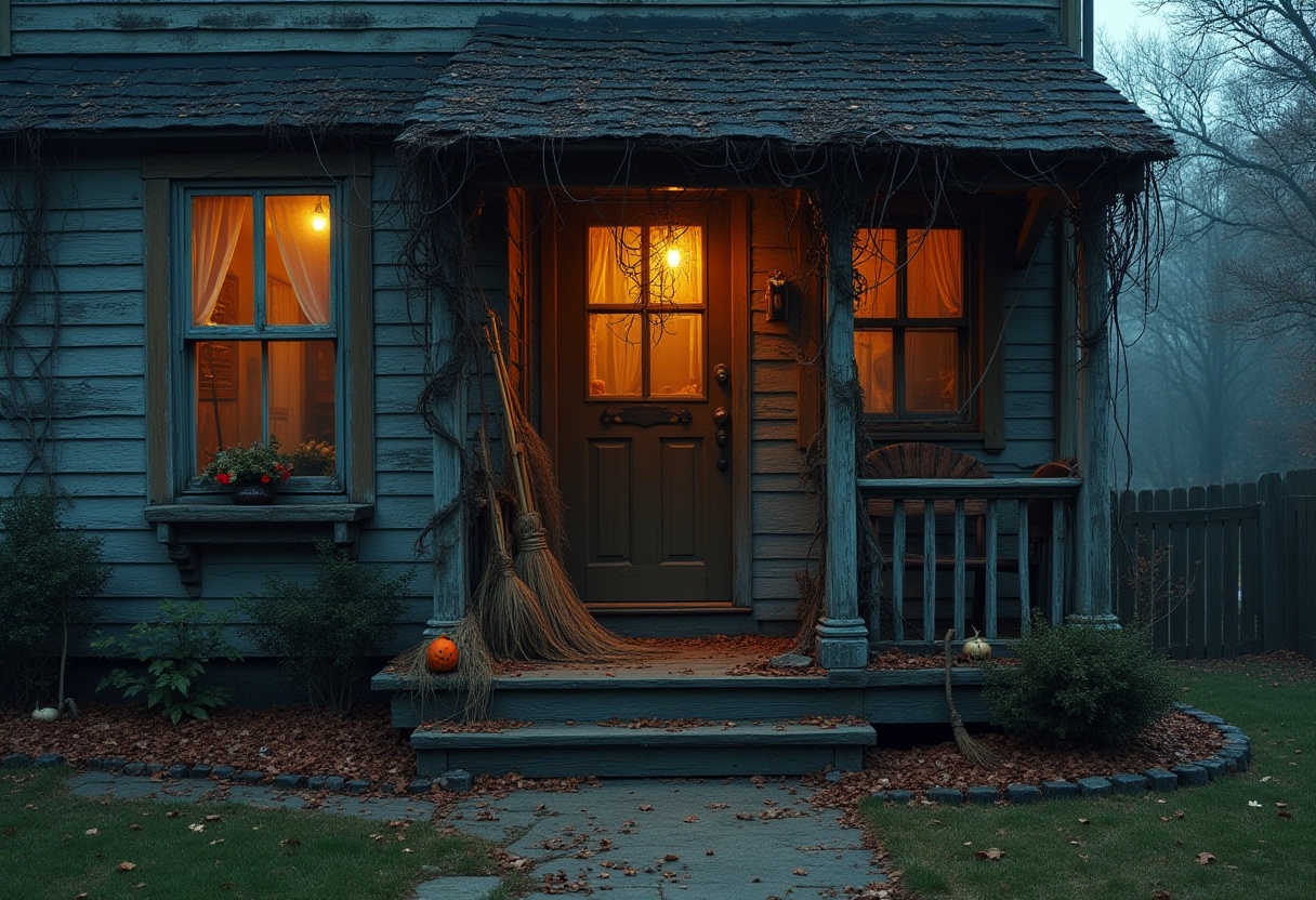 Spooky old house decorated for halloween at dusk Spooky old house decorated for halloween at dusk