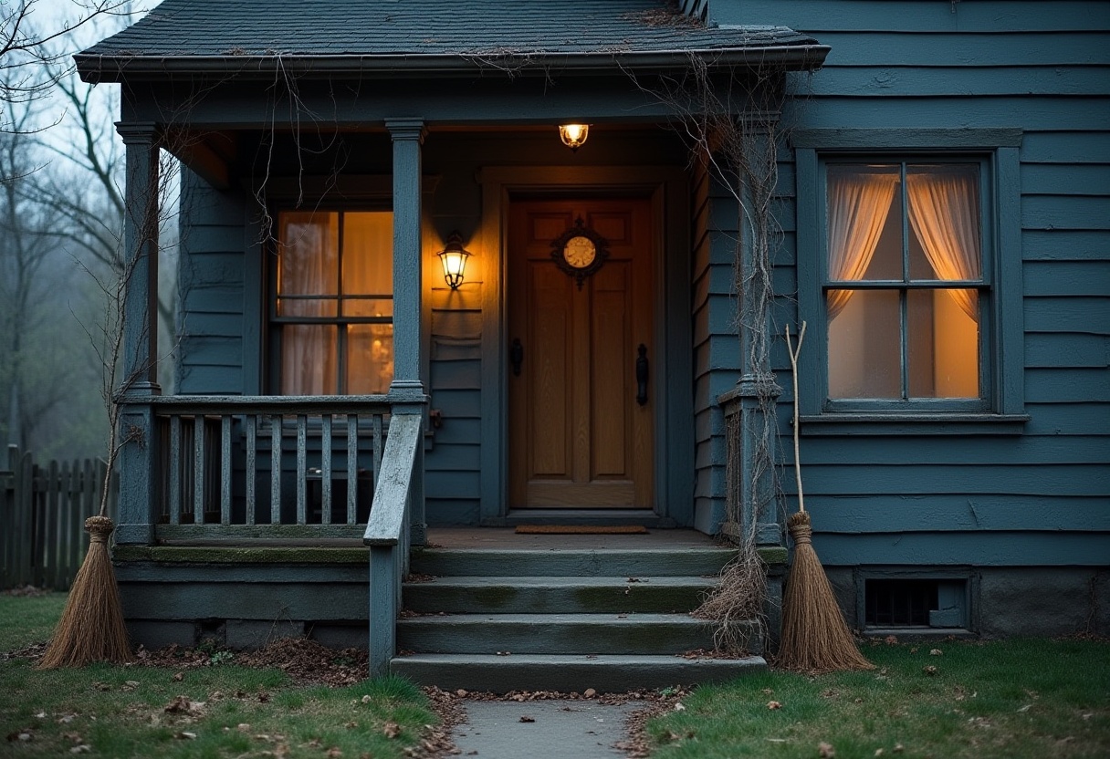 Charming blue house with glowing porch lights at dusk Charming blue house with glowing porch lights at dusk