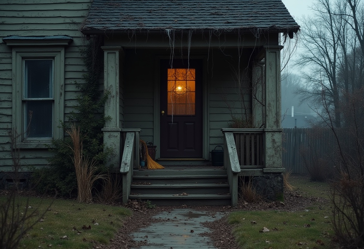 Misty evening at an old house with a glowing porch light Misty evening at an old house with a glowing porch light