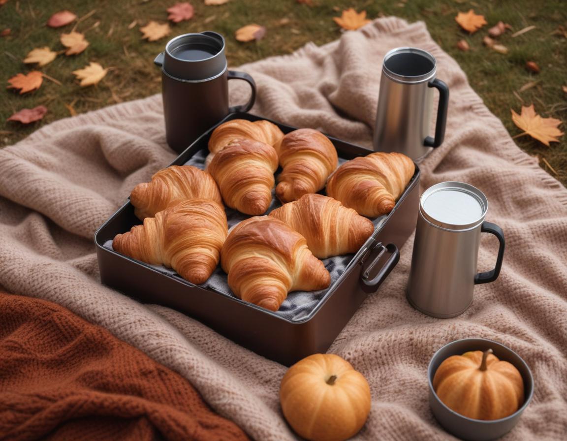 Croissants and drinks arranged for a cozy picnic on grass Croissants and drinks arranged for a cozy picnic on grass