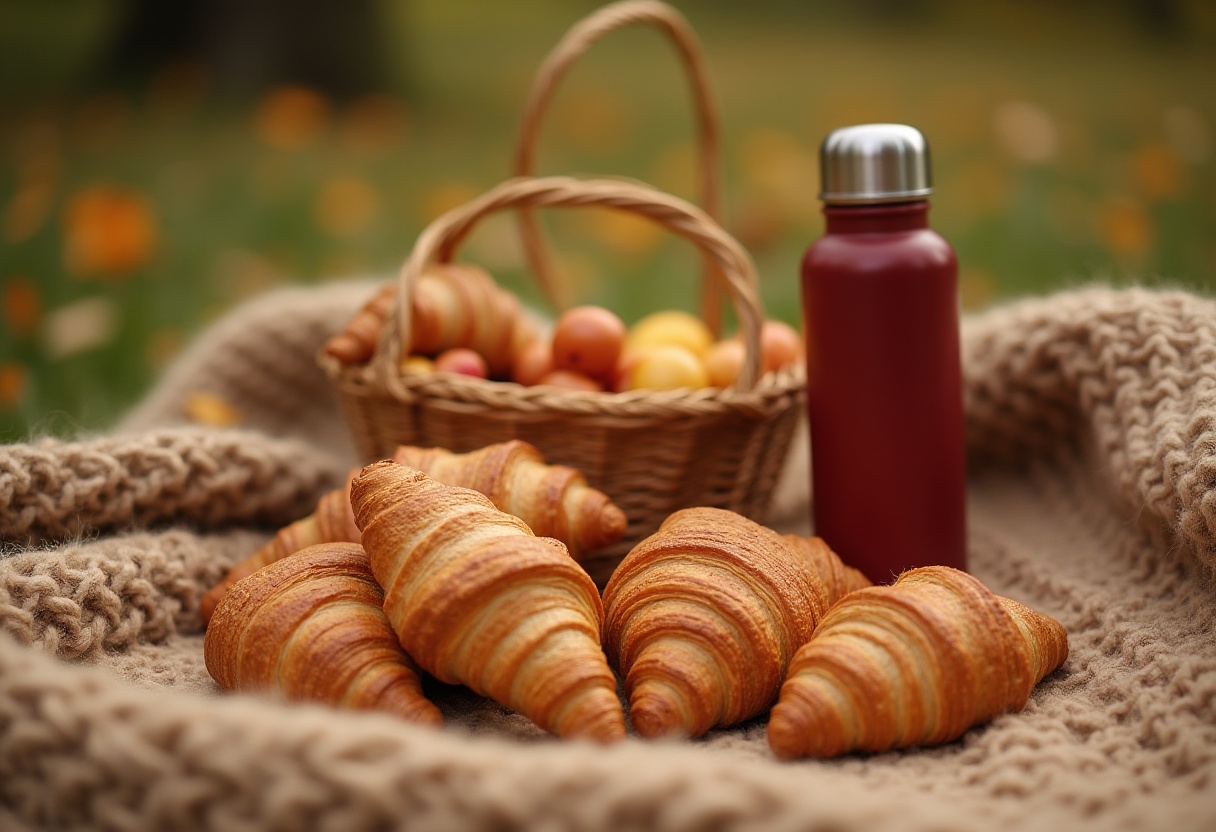 Croissants and drink sit on a blanket outdoors during fall Croissants and drink sit on a blanket outdoors during fall