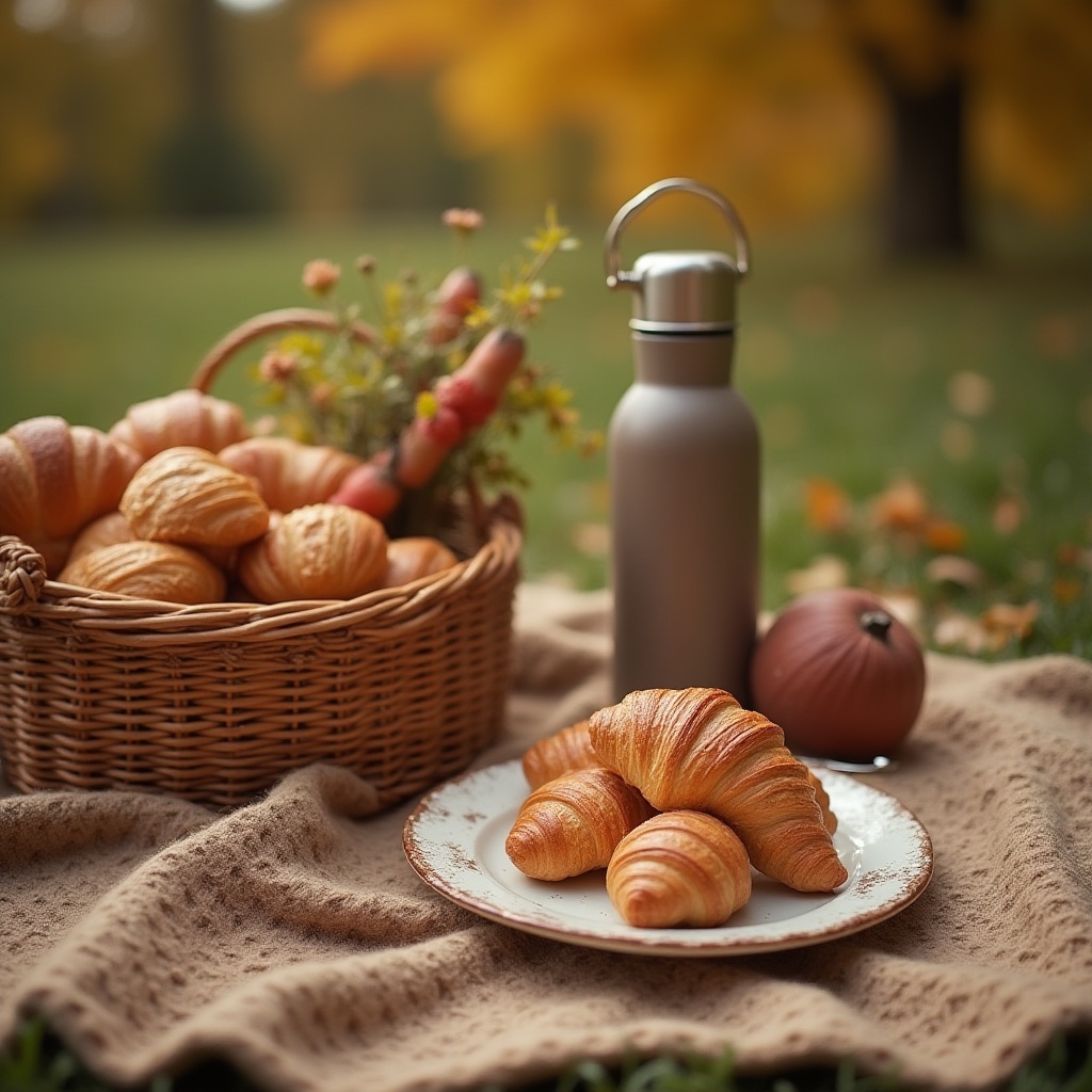 Fresh croissants in a picnic setting with autumn leaves Fresh croissants in a picnic setting with autumn leaves