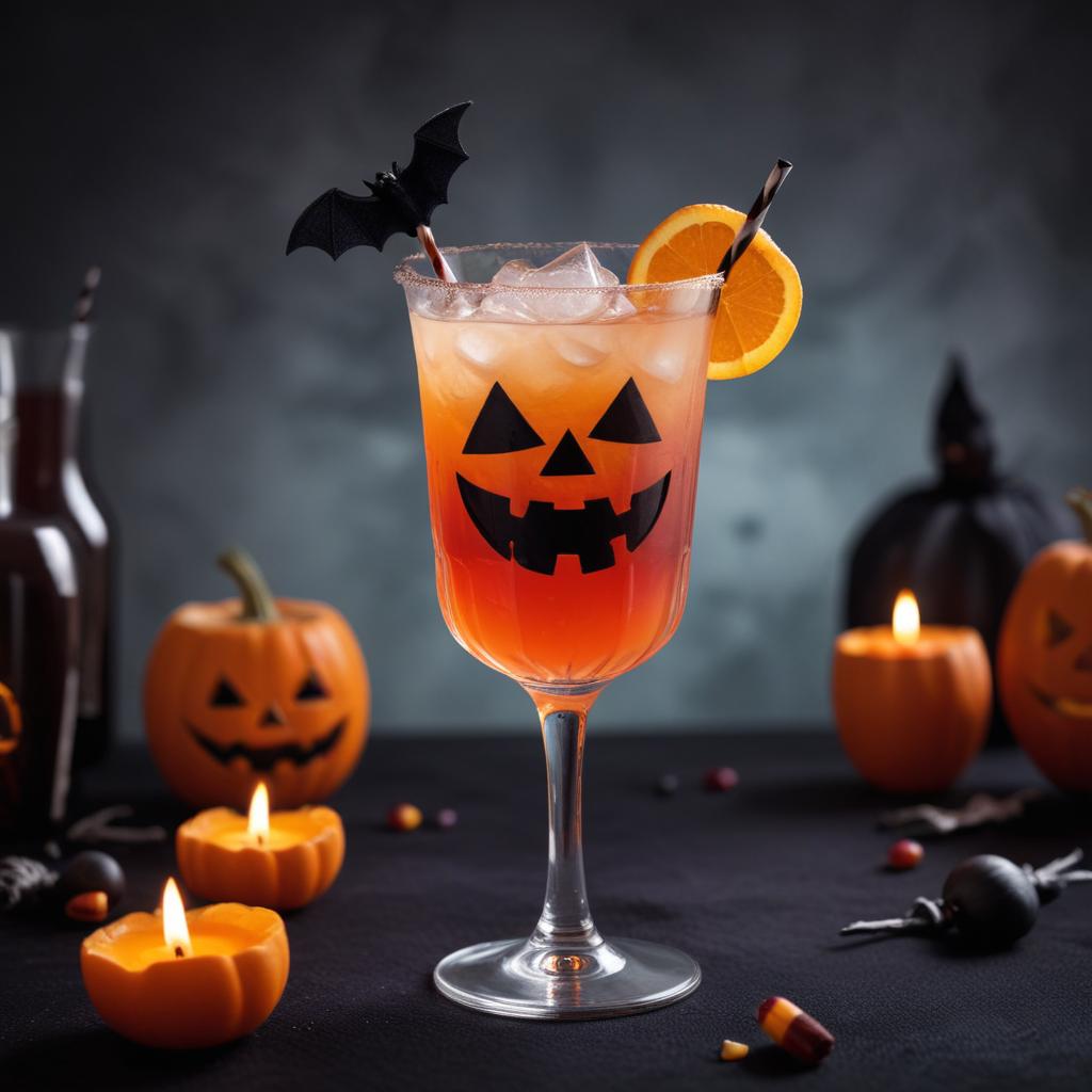 Halloween cocktail with spooky decorations and pumpkins Halloween cocktail with spooky decorations and pumpkins