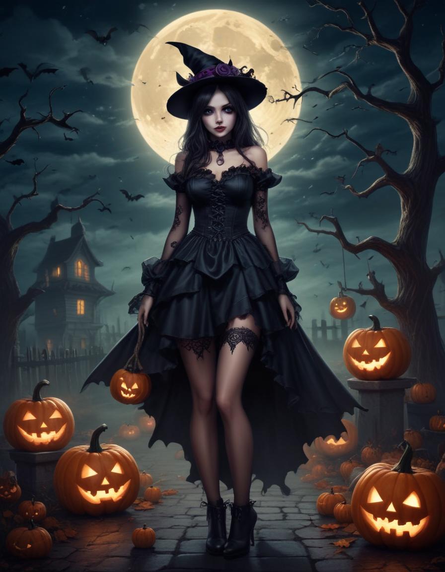 Mysterious witch in a spooky halloween night scene Mysterious witch in a spooky halloween night scene