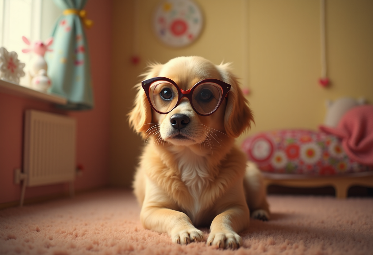 Cute dog wearing glasses in cozy room setting Cute dog wearing glasses in cozy room setting