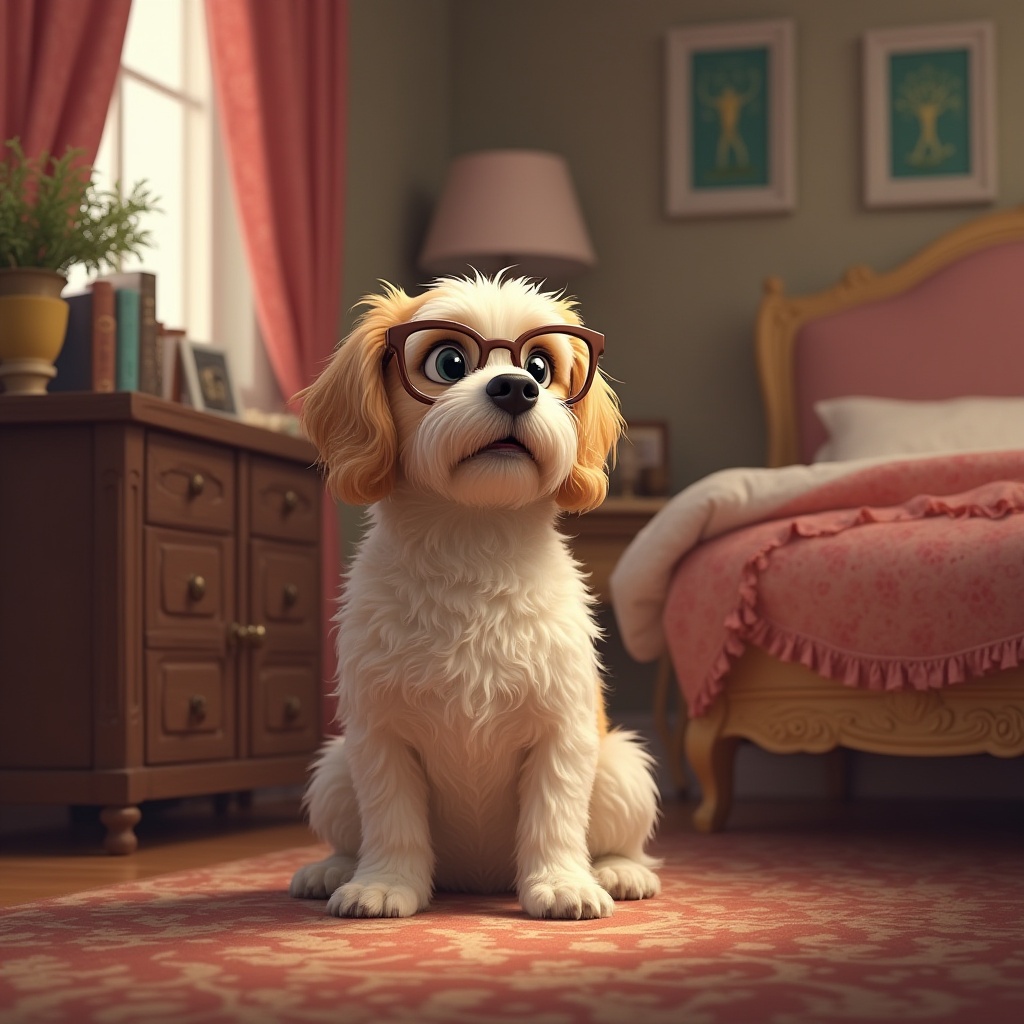 Dog with glasses sitting on a carpet indoors Dog with glasses sitting on a carpet indoors