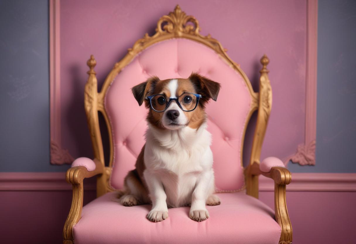 Cute dog wearing glasses sitting on a pink throne Cute dog wearing glasses sitting on a pink throne