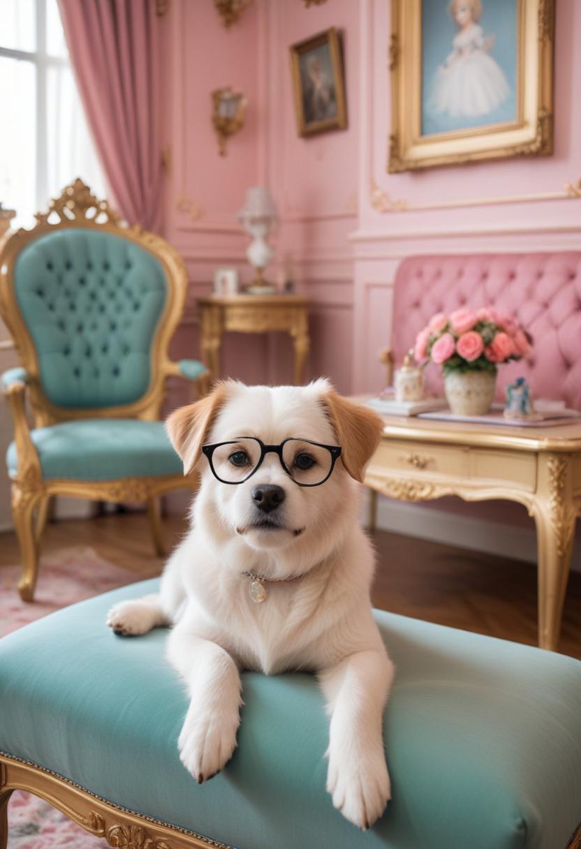 Smart dog in stylish room wearing glasses Smart dog in stylish room wearing glasses