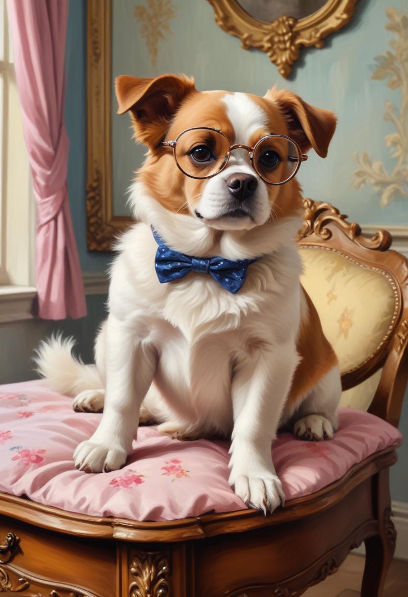 Dog with glasses and bow tie sitting on ornate chair Dog with glasses and bow tie sitting on ornate chair
