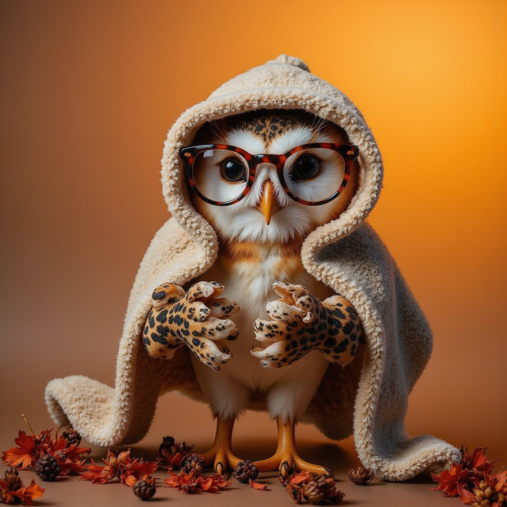 Owl wearing glasses and cozy blanket in autumn setting Owl wearing glasses and cozy blanket in autumn setting