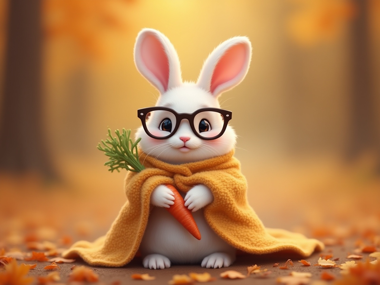 Cute rabbit in a cozy blanket holding a carrot Cute rabbit in a cozy blanket holding a carrot