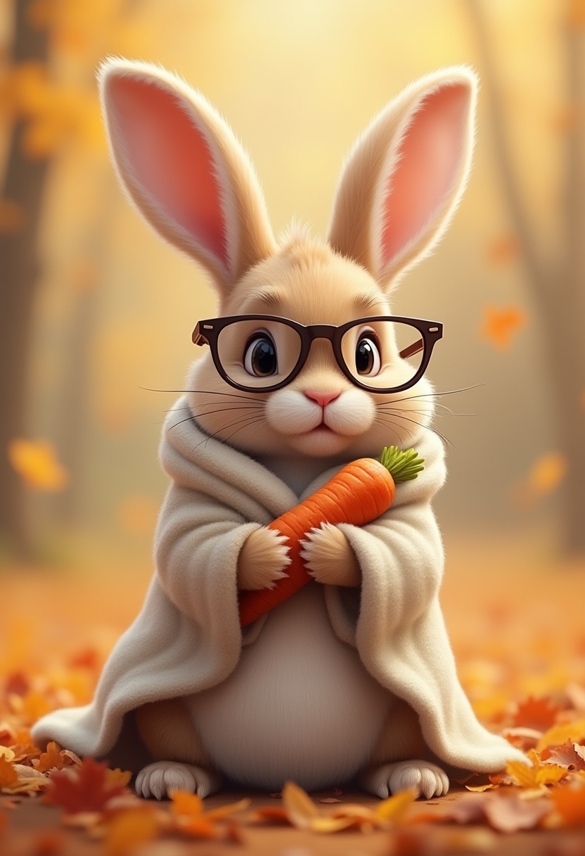 Cute rabbit wearing glasses holds a carrot in autumn scene Cute rabbit wearing glasses holds a carrot in autumn scene