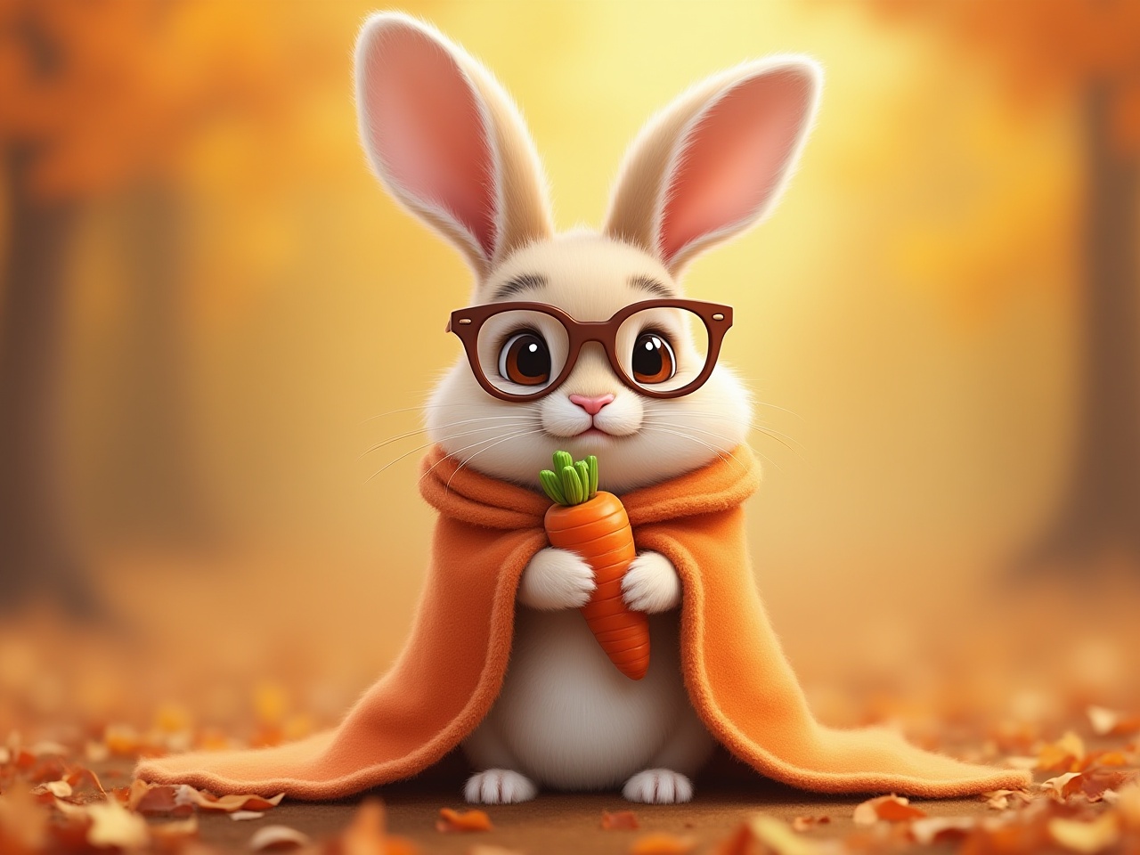 Cute rabbit wearing glasses poses with a carrot in autumn Cute rabbit wearing glasses poses with a carrot in autumn