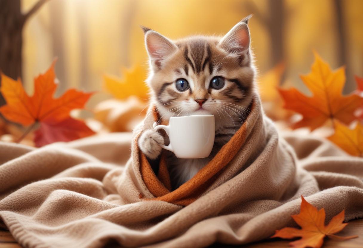Cute kitten enjoying warm drink in autumn leaves Cute kitten enjoying warm drink in autumn leaves