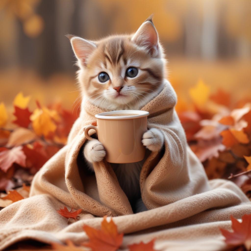 Cute kitten cuddled in blanket holding a cup in autumn Cute kitten cuddled in blanket holding a cup in autumn