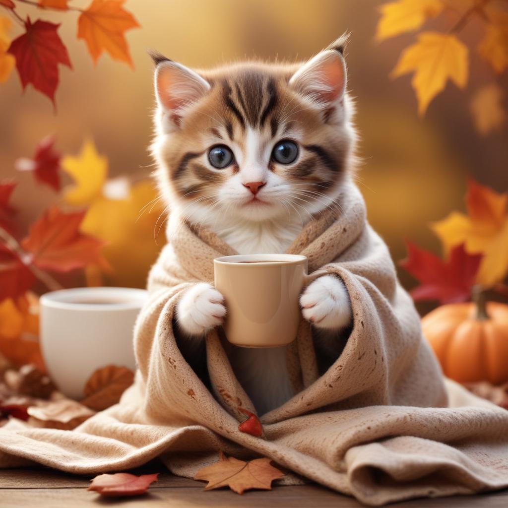 Cute kitten enjoys warm drink in autumn setting Cute kitten enjoys warm drink in autumn setting