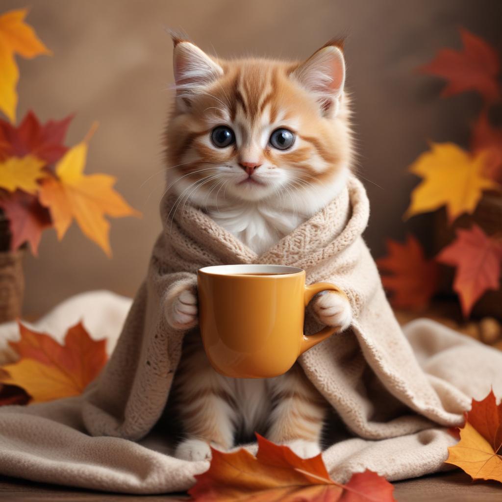 Cute cat in blanket holding a mug in autumn setting Cute cat in blanket holding a mug in autumn setting
