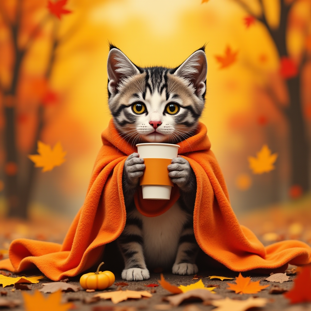 Cute kitten in orange cloak enjoying fall season Cute kitten in orange cloak enjoying fall season