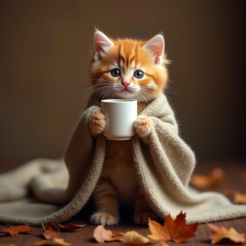 Orange kitten wrapped in blanket holding cup in cozy setting Orange kitten wrapped in blanket holding cup in cozy setting