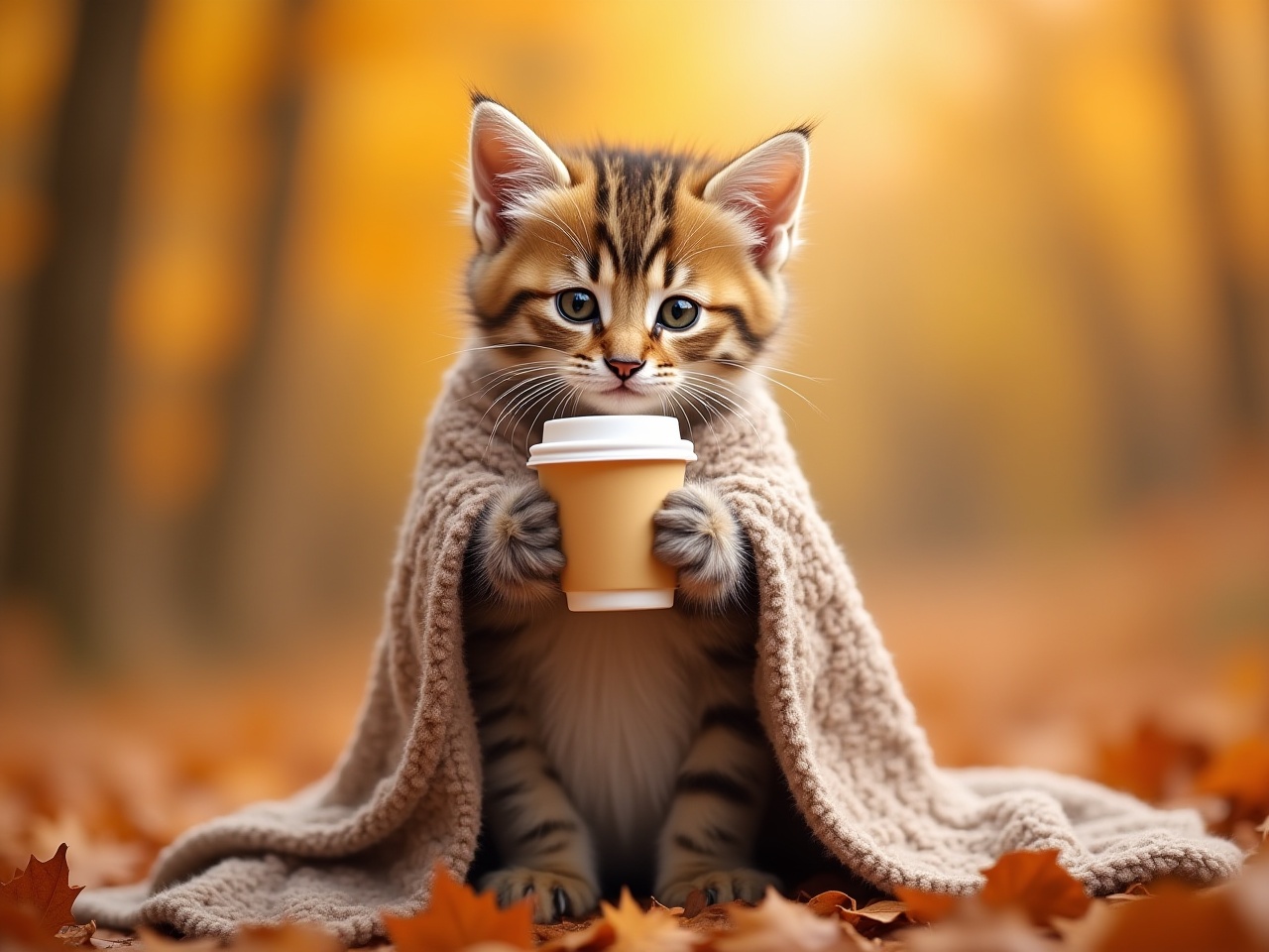 Cozy kitten enjoys warm drink in autumn forest Cozy kitten enjoys warm drink in autumn forest