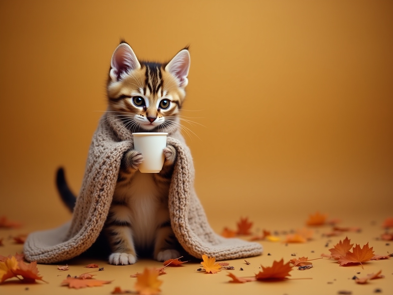 Cute kitten wrapped in a blanket with a cup Cute kitten wrapped in a blanket with a cup