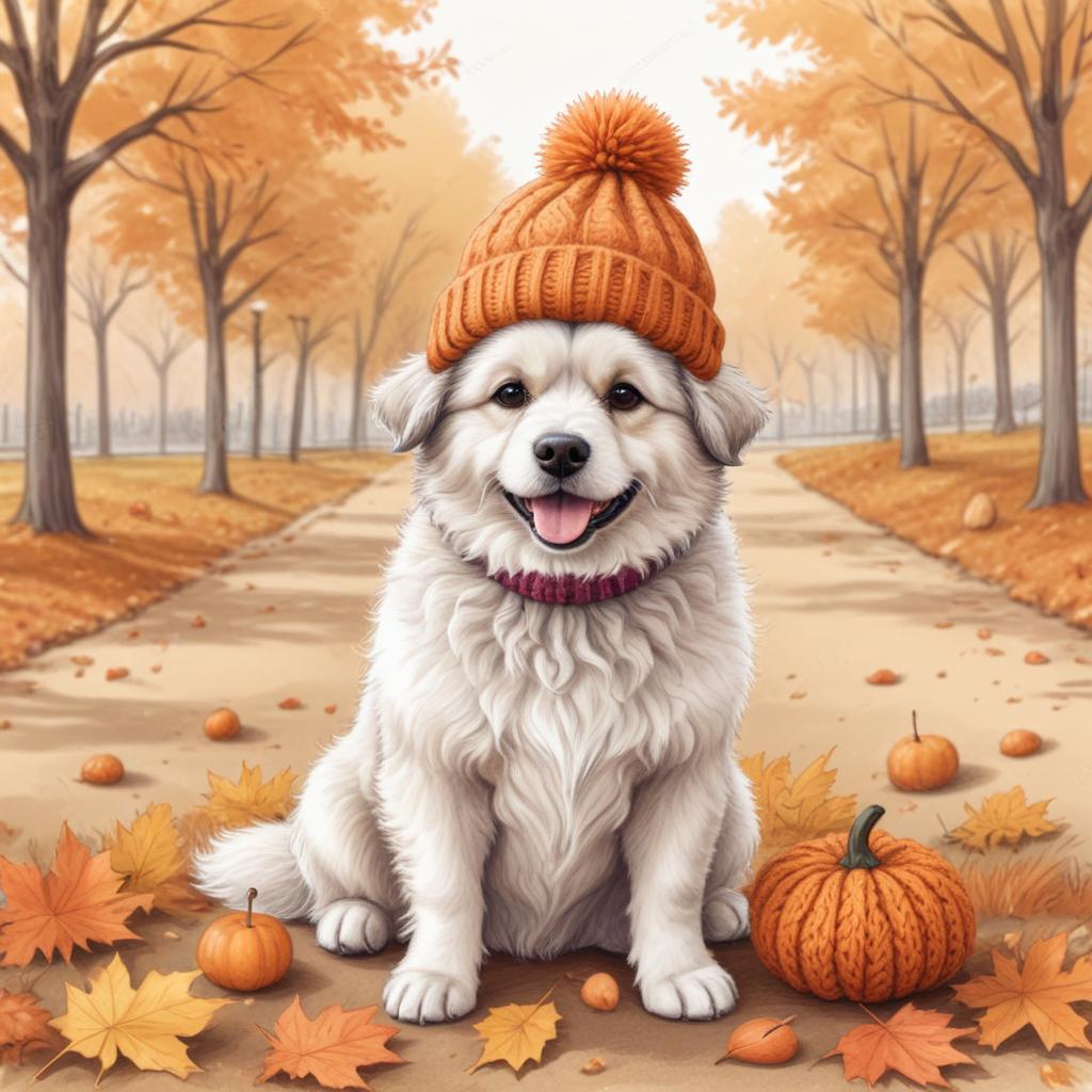 Dog wearing an orange hat in an autumn park setting Dog wearing an orange hat in an autumn park setting