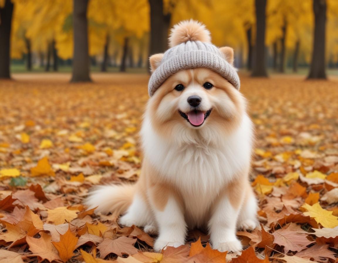 Happy dog in a cozy hat amongst autumn leaves Happy dog in a cozy hat amongst autumn leaves