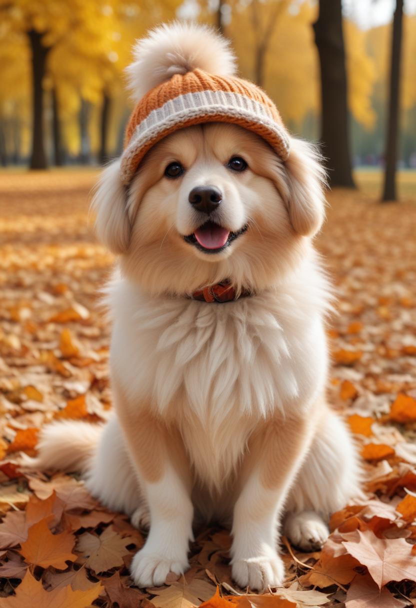 Happy dog wearing hat in autumn park with fallen leaves Happy dog wearing hat in autumn park with fallen leaves