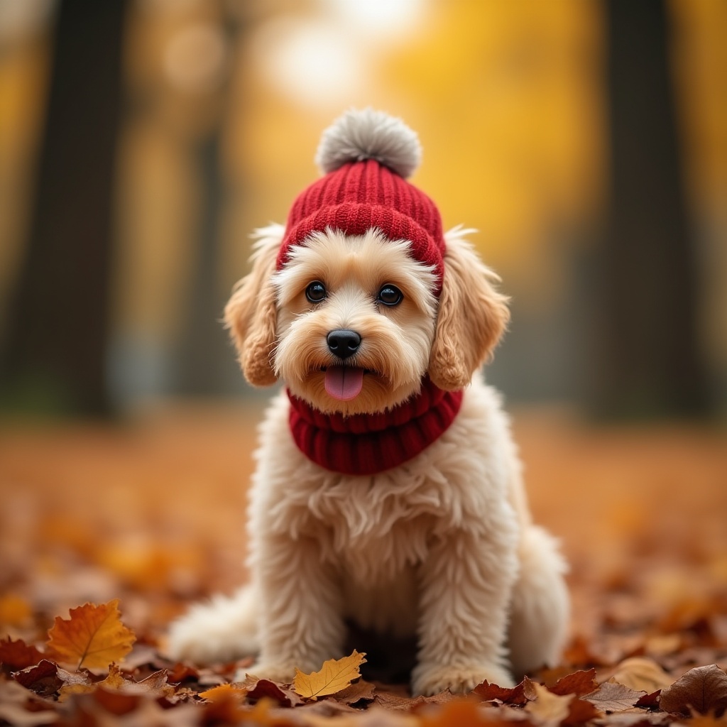 Cute dog in winter hat sits on fall leaves Cute dog in winter hat sits on fall leaves